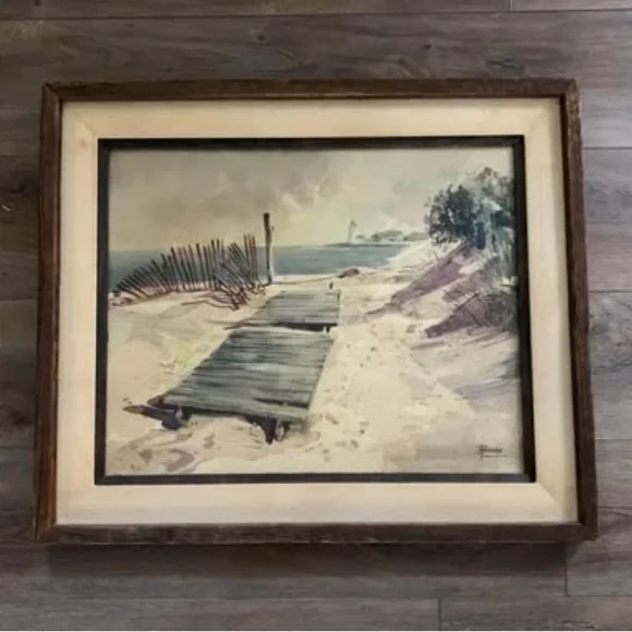 Vintage Original Beach Lighthouse Watercolor Painting - Ralph Lauren Coastal - Picture 1 of 6